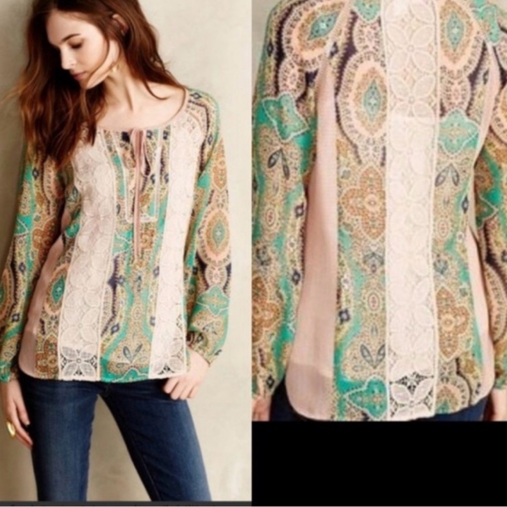 Anthropologie Meadow Rue Teal Paisley Lace-Trim Blouse with Blush Panels size 8